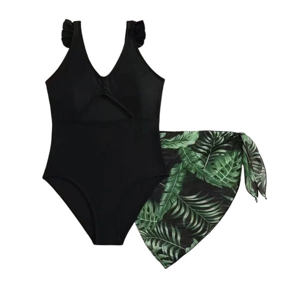 Tween Girls Swimsuit With Skirt Bikini Floral Print Ruffle Trim Sun Swimwear Youth Clothes