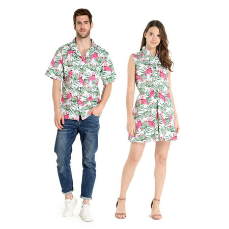 Couple Matching Hawaiian Luau Cruise Outfit Shirt Dress Flamingo in Love Men XL Women 2XL