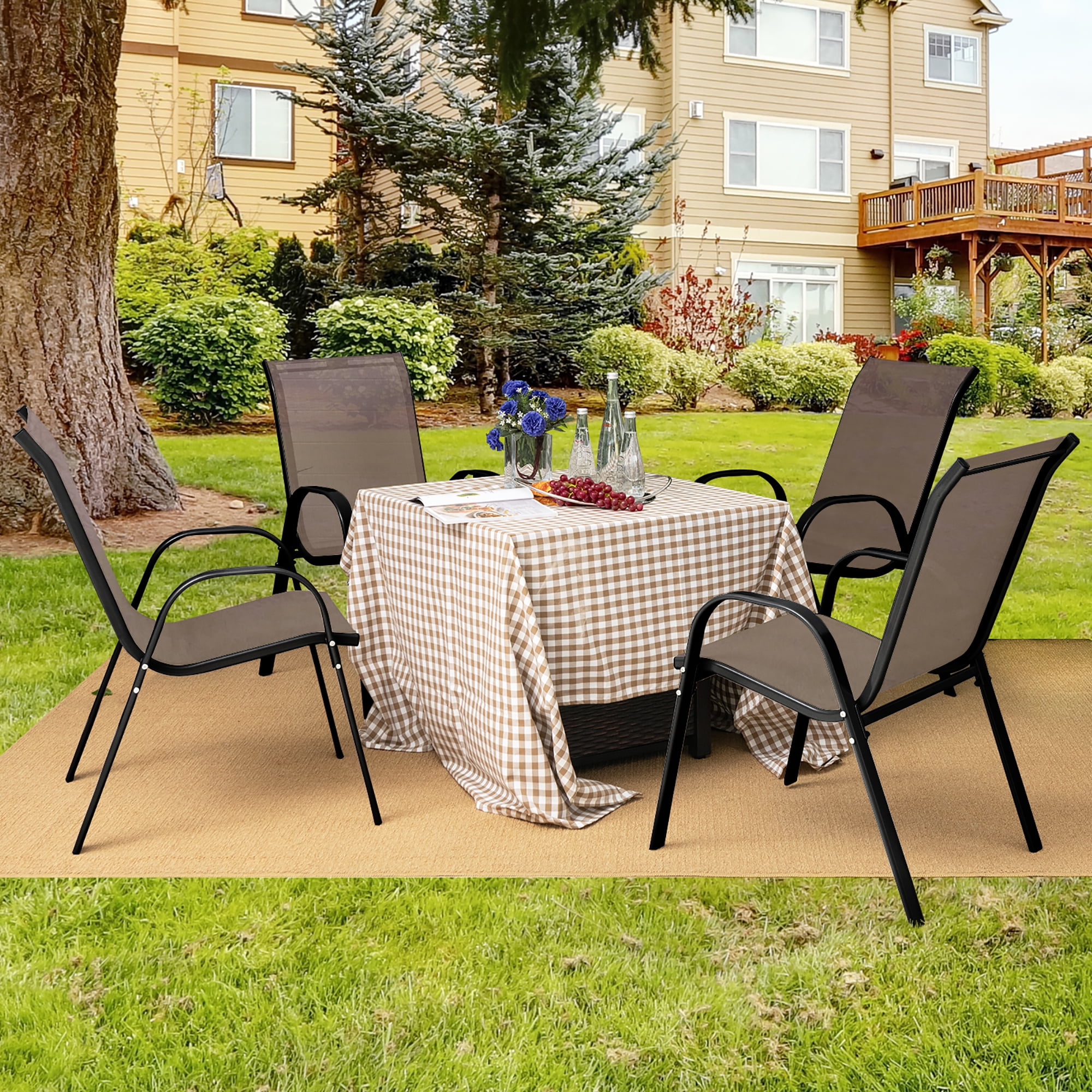 Gymax 4PCS Patio Stacking Dining Chairs w/ Curved Armrests & Breathable Seat Fabric Brown