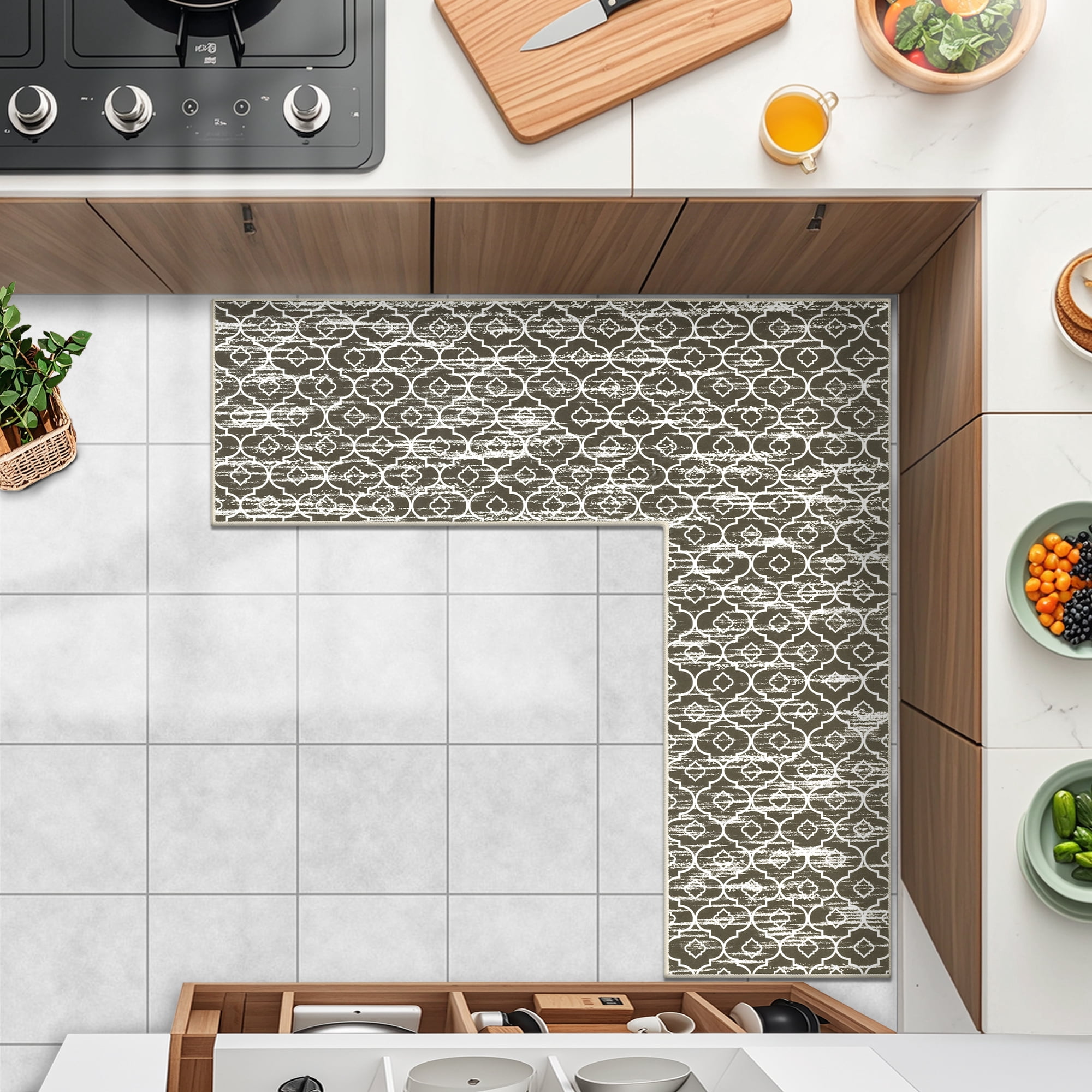 MeyJey Corner Kitchen Rug, 1 Piece Anti-Slip L Shape Kitchen Mat for Floor, Absorbent Runner in Front of Sink, Washable Floor Rugs for Home,Kitchen(Brown-L,24”x 71”x 71”)