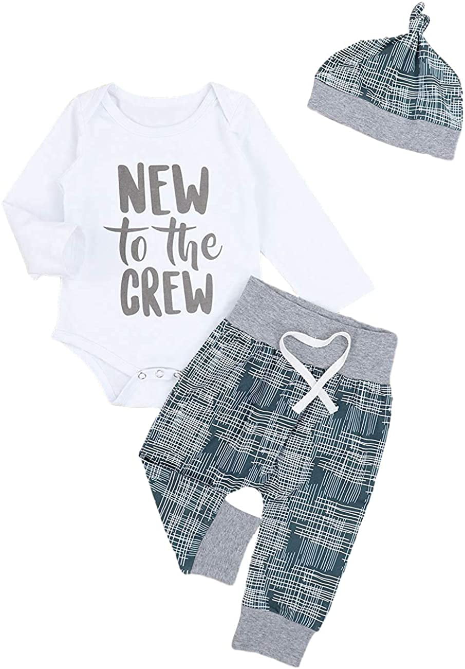Newborn Baby Boy Clothes New to The Crew Letter Print Romper+Long Pants+Hat 3PCS Outfits Set 