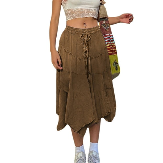 Inevnen Women's High Waist Midi Skirt Boho Floral Print Swing Maxi Skirt Grunge Fairycore Streetwear