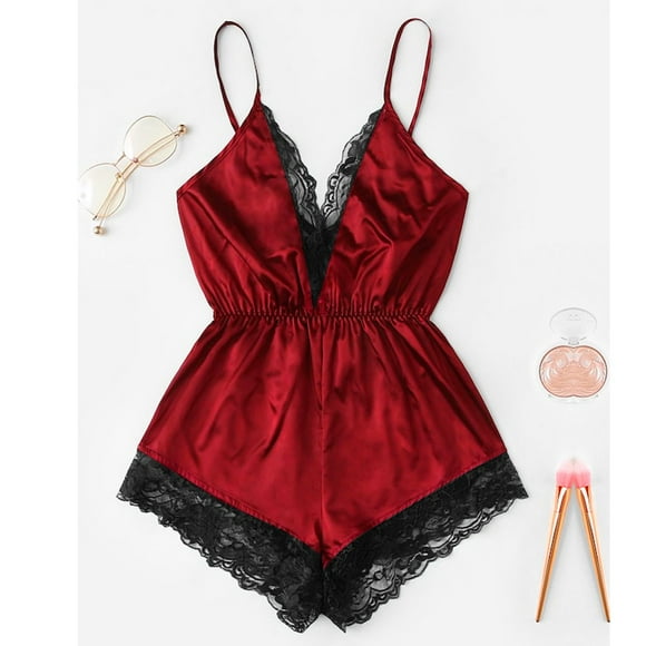 Bramtres Ensembles de Pyjama pour Femmes 2 Pcs Pyjamas en Soie Mode Lingerie Aguichant Fille Justaucorps en Dentelle Col en V Vêtements de Nuit Ensemble de Pyjama en Satin Ensembles de Détente pour Femmes Rouge m