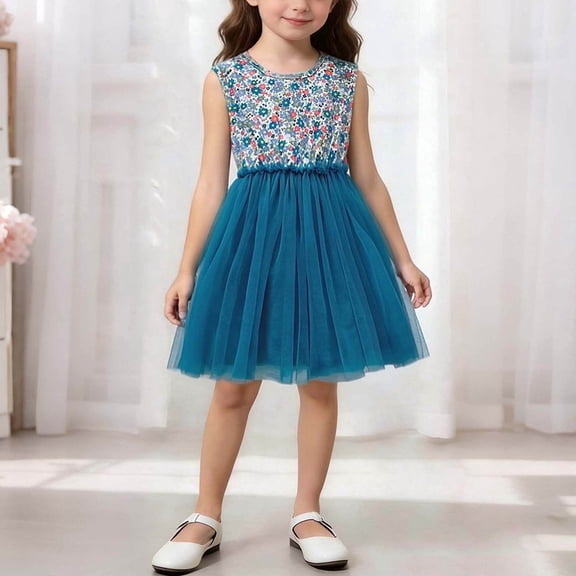 Girls Floral Tulle Dress Sleeveless Teal Blue Party Dress for Easter Birthday Flower Girl,Size 2-3 T