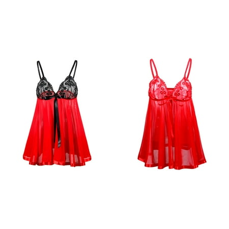 Lojoutye 2 Pack(Red 1PCS & 1PCS) Multipack Womens Bodysuit Size Nightwear Bow Garter Belt with Clips S-6Xl Plus Sleepwear Pajamas X Pasties for Women Lace