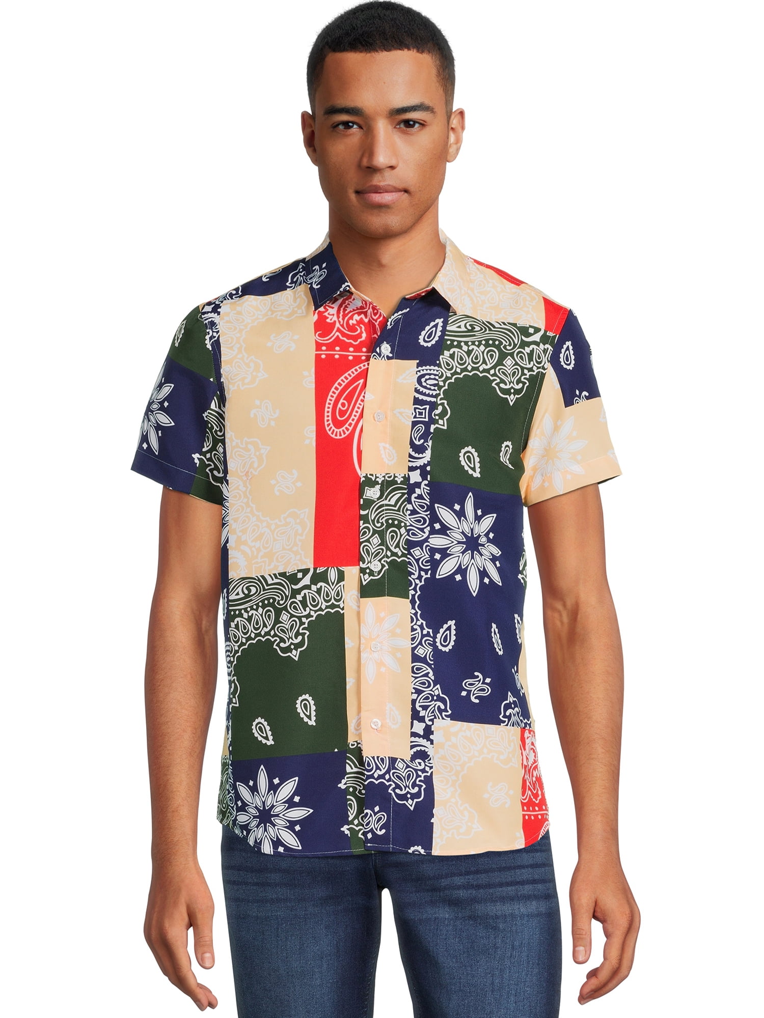 Rocawear Men’s Printed Button Front Shirt with Short Sleeves - Walmart.com