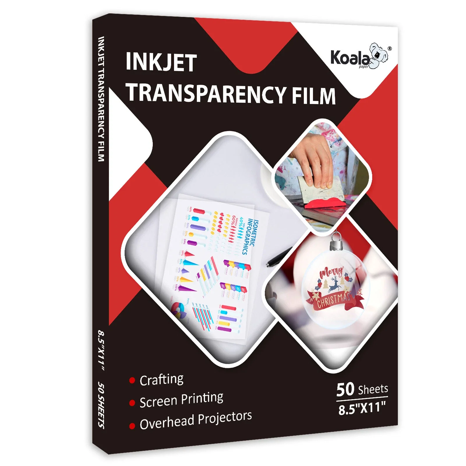 KOALA Transparency Film 8.5x11 100% Clear for Inkjet Printers, Overhead Projectors, DIY Crafts, Screen Printing Film, 50 Sheets