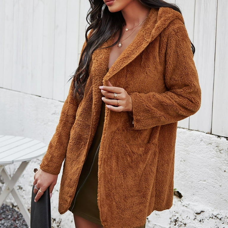 Olyvenn Fashion 2023 Trendy Womens Warm Faux Coat Jacket Winter Solid Long Sleeve Hooded Outerwear Cold Weather Thicken Furry Lined Thermal Down