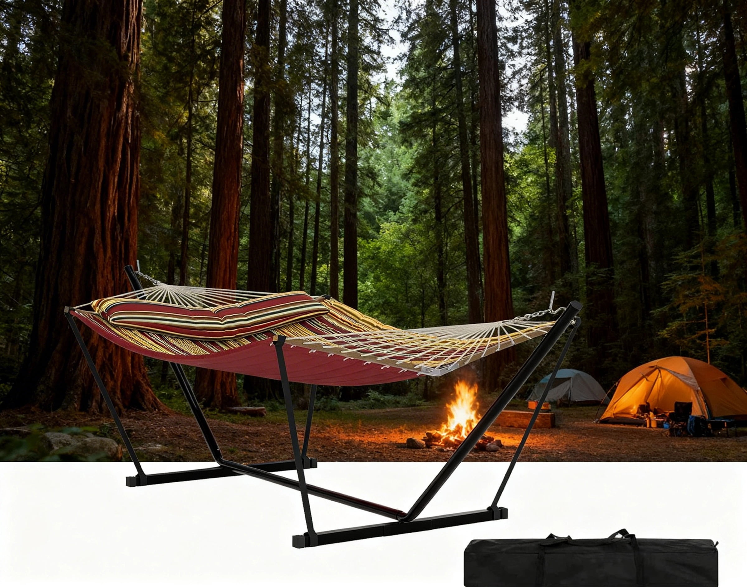 Garvee Double Hammock with Stand, Heavy Duty with Balance Rope, Red & Yellow Stripes