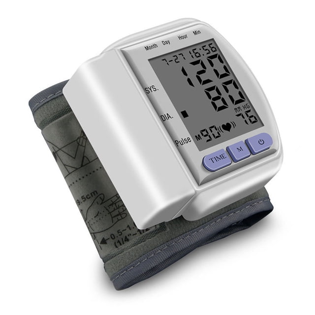 Brazalete de presión arterial en la muñeca, brazalete de presión arterial con brazalete ajustable y pantalla LCD grande