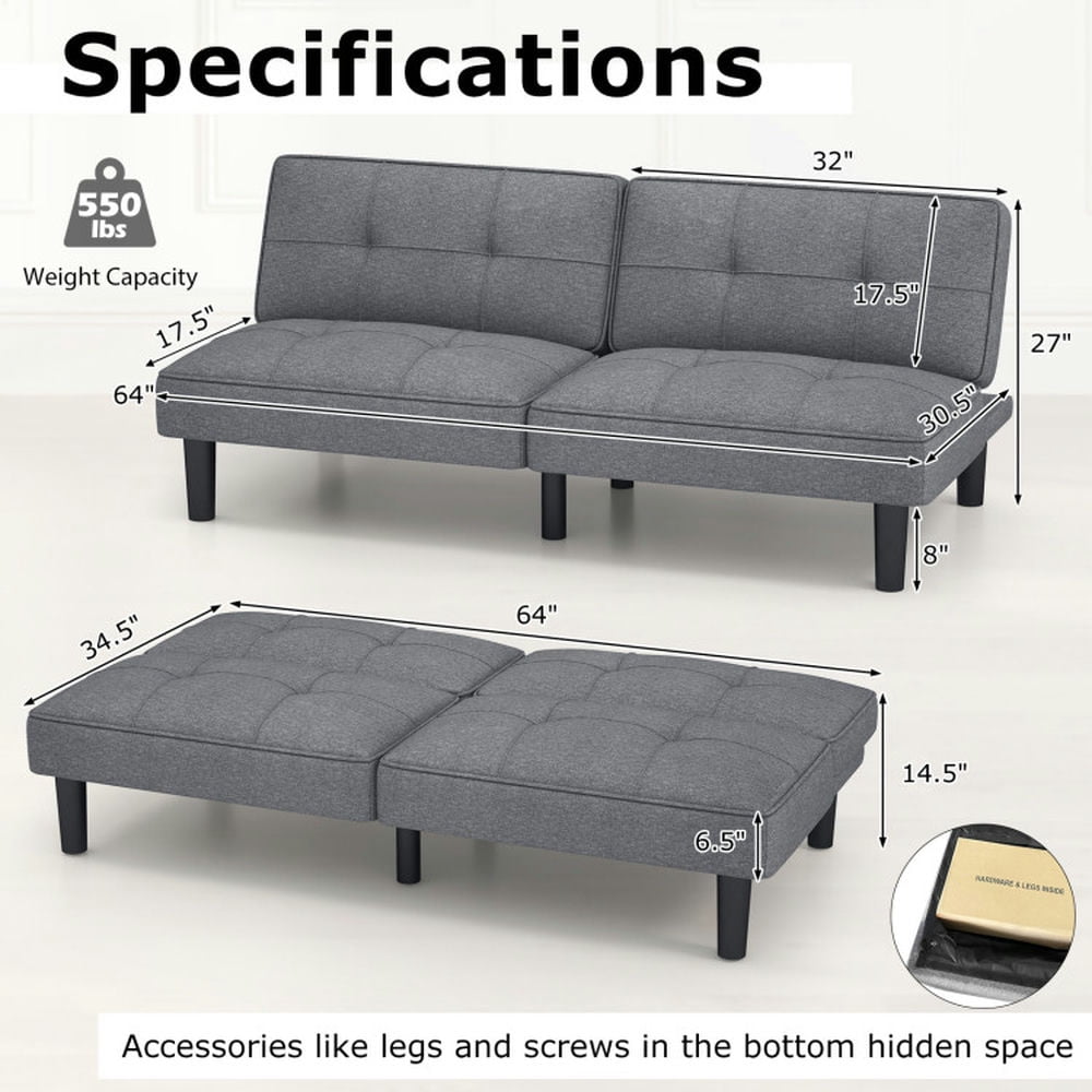 Finihen Sofa Bed, Convertible Sofa Bed, Convertible Folding Futon Sofa Bed with 6-Position Adjustable Backrest, for Living Room, Bedroom, Gray