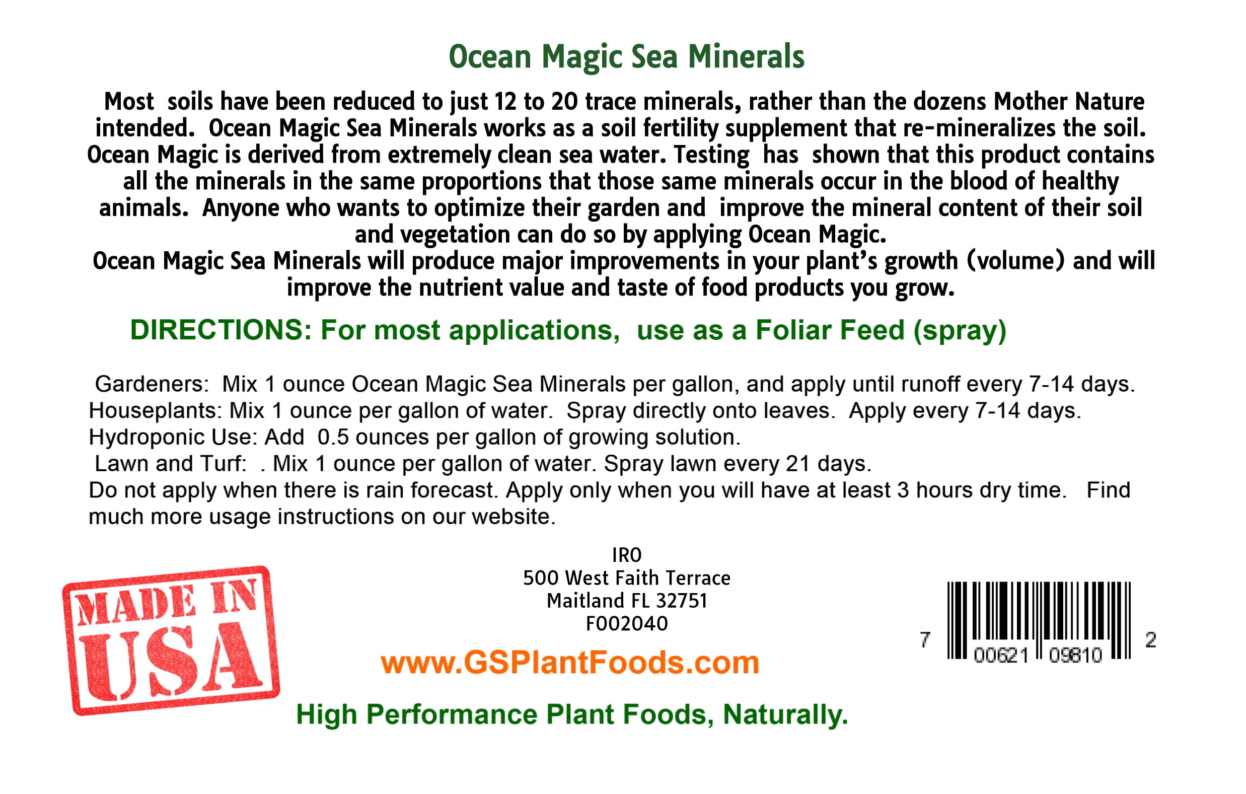 GS Plant Foods Ocean Magic Sea Minerals Fruits Organic Garden Plant Supplement Fertilizer, Soil Mineral Health Improvement, Water Based Spray - One Gallon