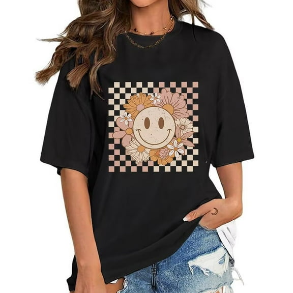 Women's Vintage Flower Smiley Print T-shirts Checkered Happy Face Graphic Tees Short Sleeve Casual Tops Cotton Shirts for Daily Outfits Black,S