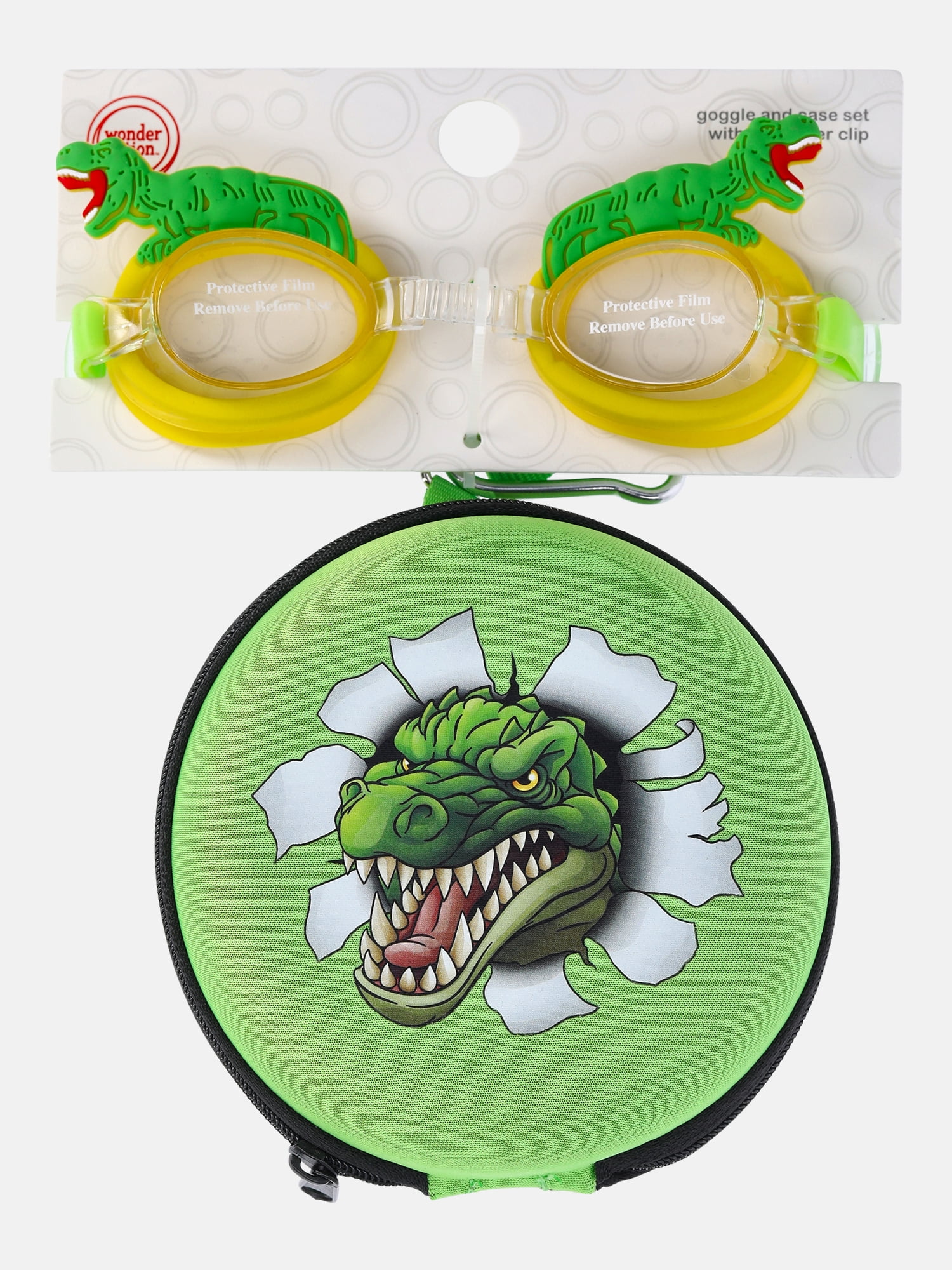 Wonder Nation Boys Dino Swim Goggles with Round Zip Dino Carrying Case, 2-Piece