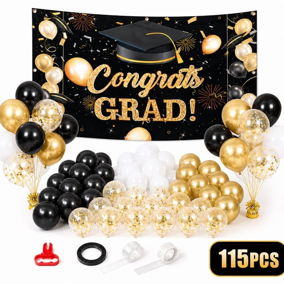 Graduation Decoration Class of 2025 Party Supplies: Gold and Black Balloons Arch Garland Kit and Photography Backdrop Banner 115Pcs