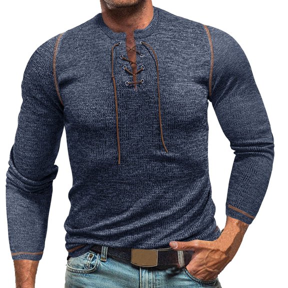 GigrtiJin Mens Outdoor Sport Tops Solid Color Lace Up Crew Neck Long Sleeve Blouse Trendy Casual Breathable Shirt