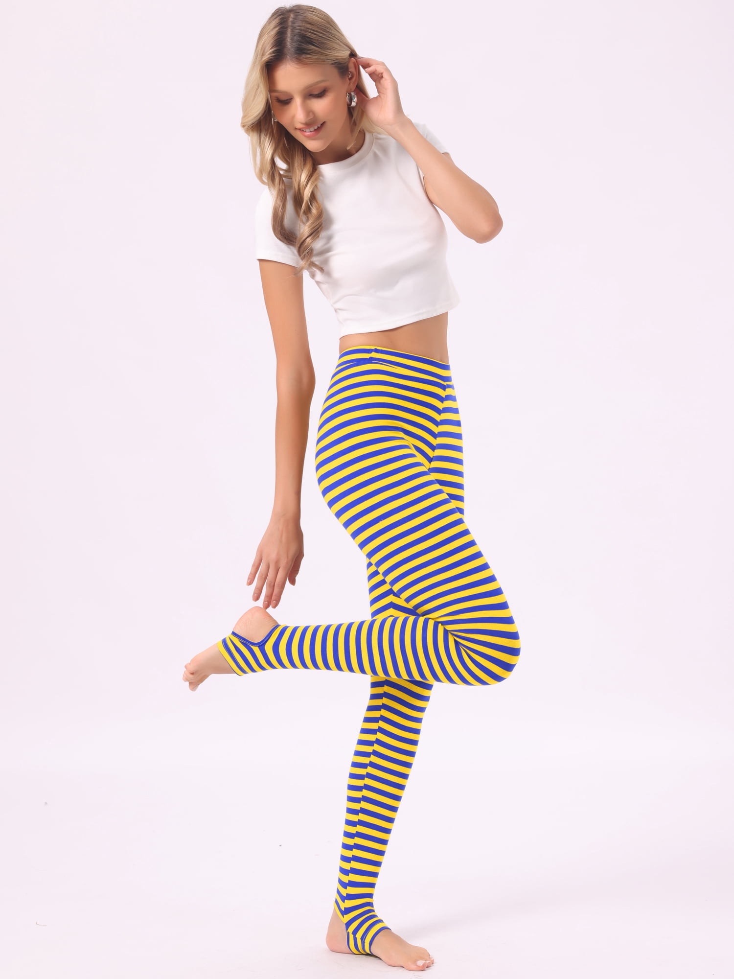 DARING DIVA Women's Tights High Waist Elastic Waistband Pants XL Yellow Blue-Stripe