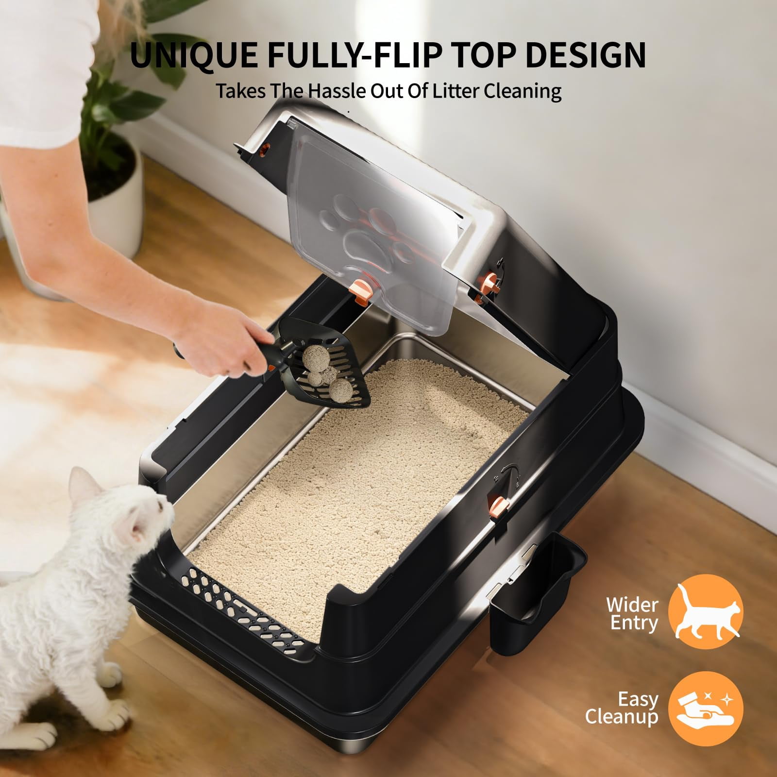 Black Small Stainless Steel Cat Litter Box With Flip Lid