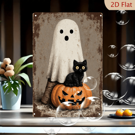 Vintage Halloween Ghost and Black Cat on Pumpkin, 8x12 inch Metal Wall Art, Retro Spooky Decor for Home Office, Weathered Antique Style
