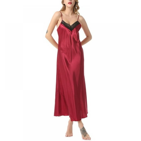 

Newway Women Satin Long Nightgown Lace Trim Nightdress Maxi Camisole Nightgown Spaghetti Strap Sleepwear Sexy Lingerie