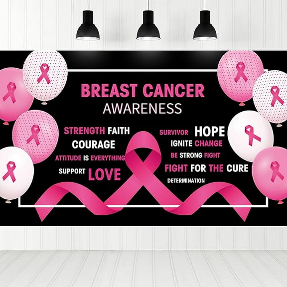 Breast Cancer Awareness Banner Backdrop decor Hope Faith Strength Courage Survivor Signs for Birthday Party, 71 x 47 Inch (Black)