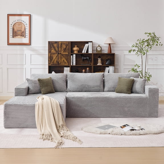 OPIESIT 108" Boneless Couches for Living Room,L-Shaped Modular Sectional Sofa with Chaise,Flexible Module Combination,High-Density Memory Foam, No Assembly Required,Plush Corduroy Grey