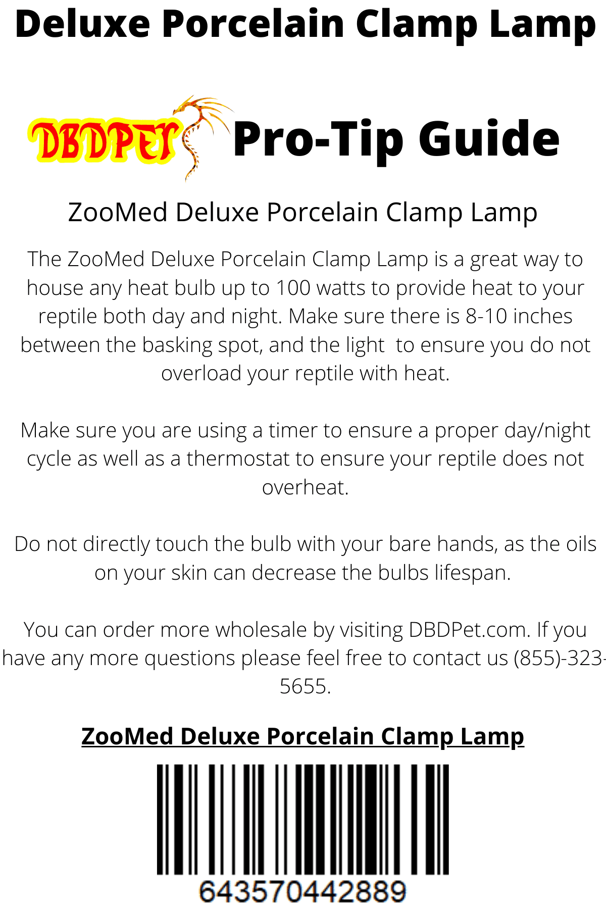 5.5 Reptile Deluxe Porcelain Clamp Lamp 100w Maximum Includes Attached DBDPet Pro-Tip Guide 