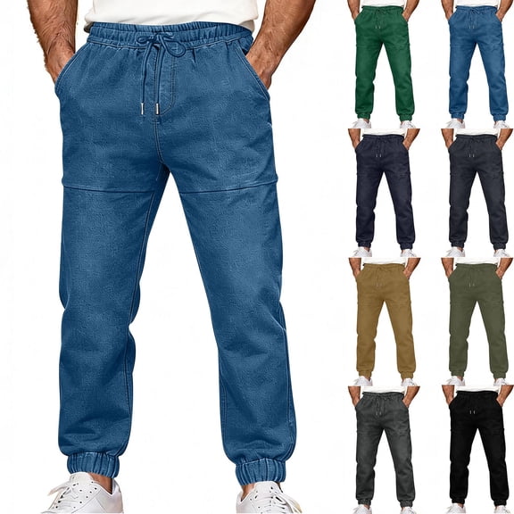 BRGZLK Men's Solid Color Pants Comfy Casual High Elastic Waisted Fake Denim Trousers Athletic Workout Gym Jogger Pants with Pockets