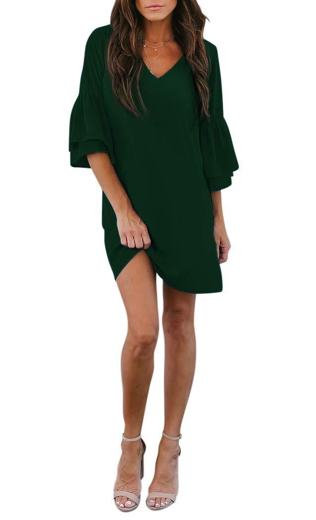 BELONGSCI Womens Dress Sweet & Cute V-Neck Bell Sleeve Shift Dress Mini Dress