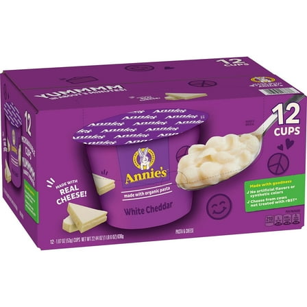 Annie's Shells and White Cheddar, Made with Organic Pasta and Real Cheese, Microwavable Cups, 12 Ct, 22.44 oz