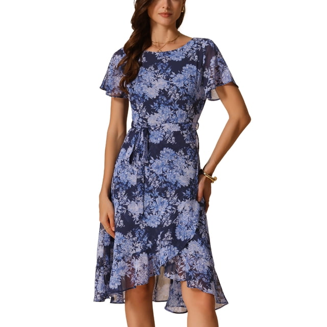 Vestido midi floral con volantes y dobladillo asimétrico de manga corta y cuello redondo para mujer, XS, azul marino