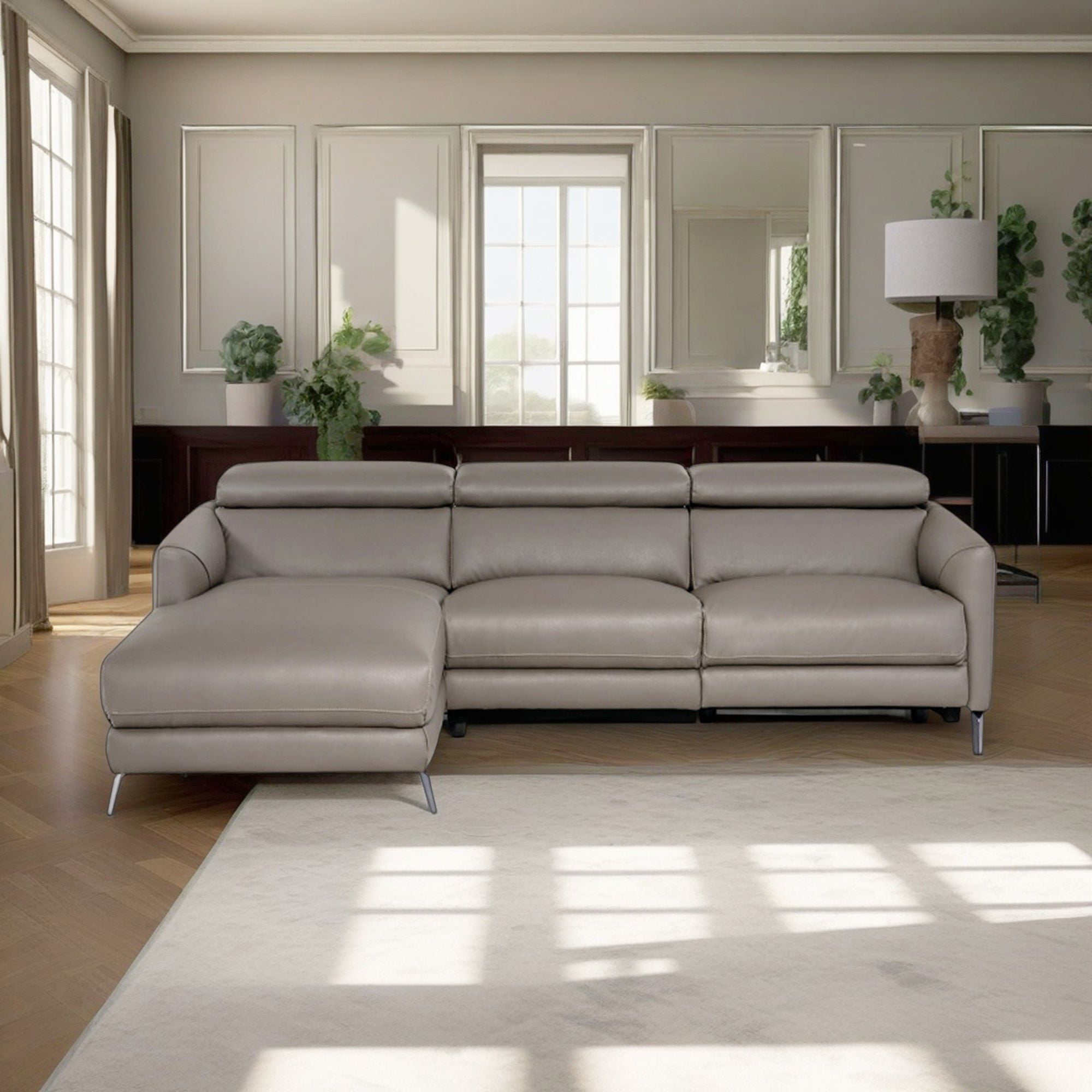 Demi Bonn Sectional Sofa, Leather Sofa Bed, Leather Air Power Reclining Sectional Sofa with Adjustable Headrests, for Living Room, Gray