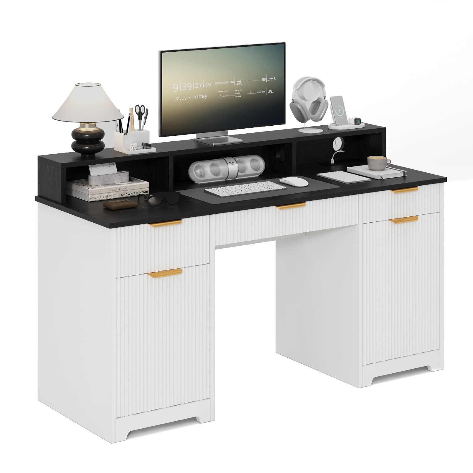 Executive Office Desk, 59" Computer Table with Power Outlets and Monitor Stand, Home Office Writing Desk with Keyboard Storage Drawer and File Cabinets, White & Black