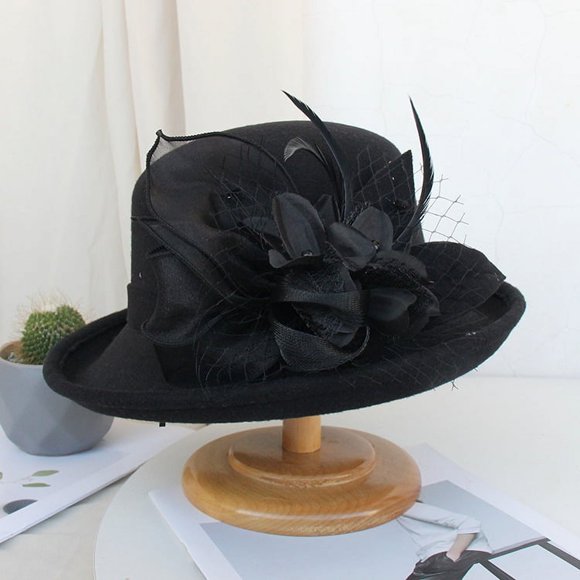Gorro de pescador de lana con flores y plumas para otoño e invierno, estilo vintage, de estilo informal, de gasa de red, para mujer