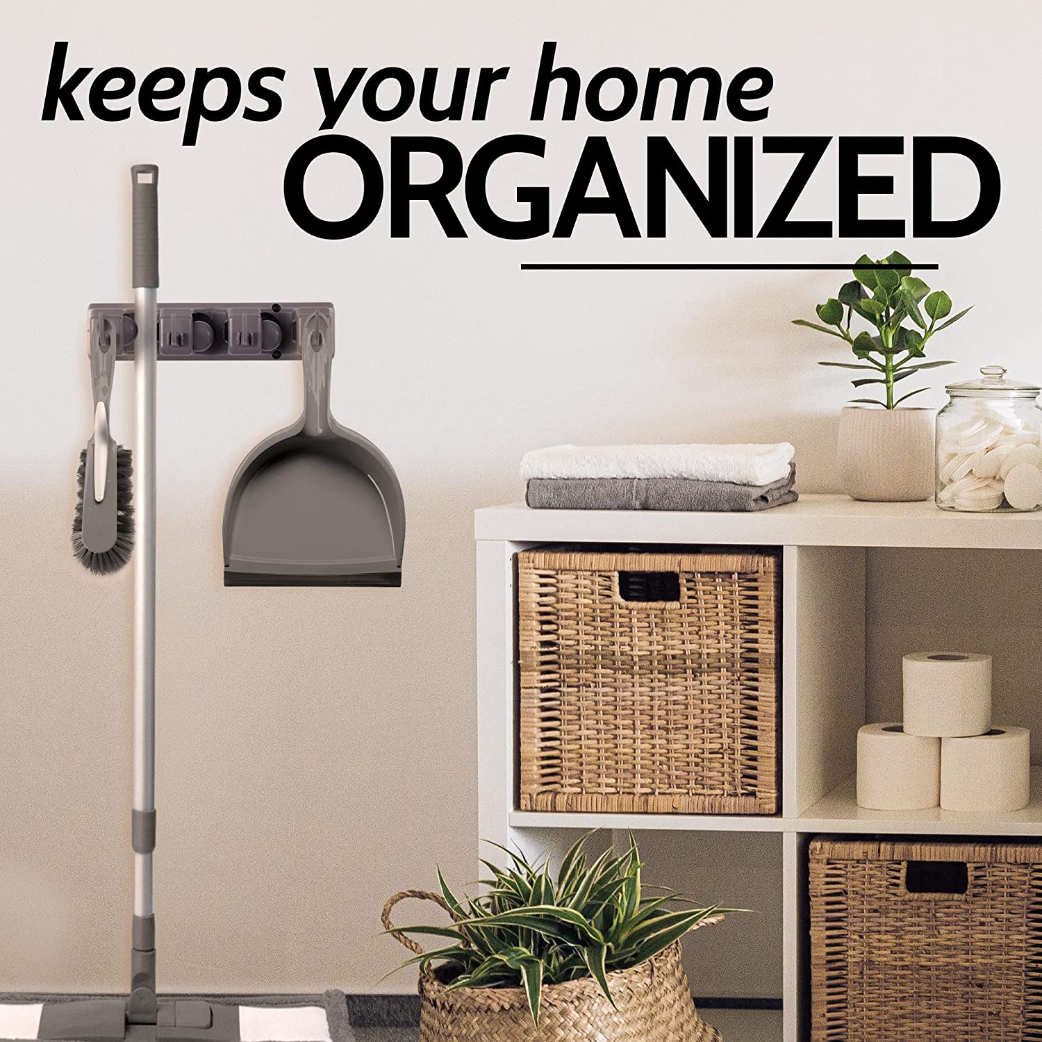 Dinosam Wall Mount Broom Holder, 4 Positions, 5 Hooks, Gray photo 2