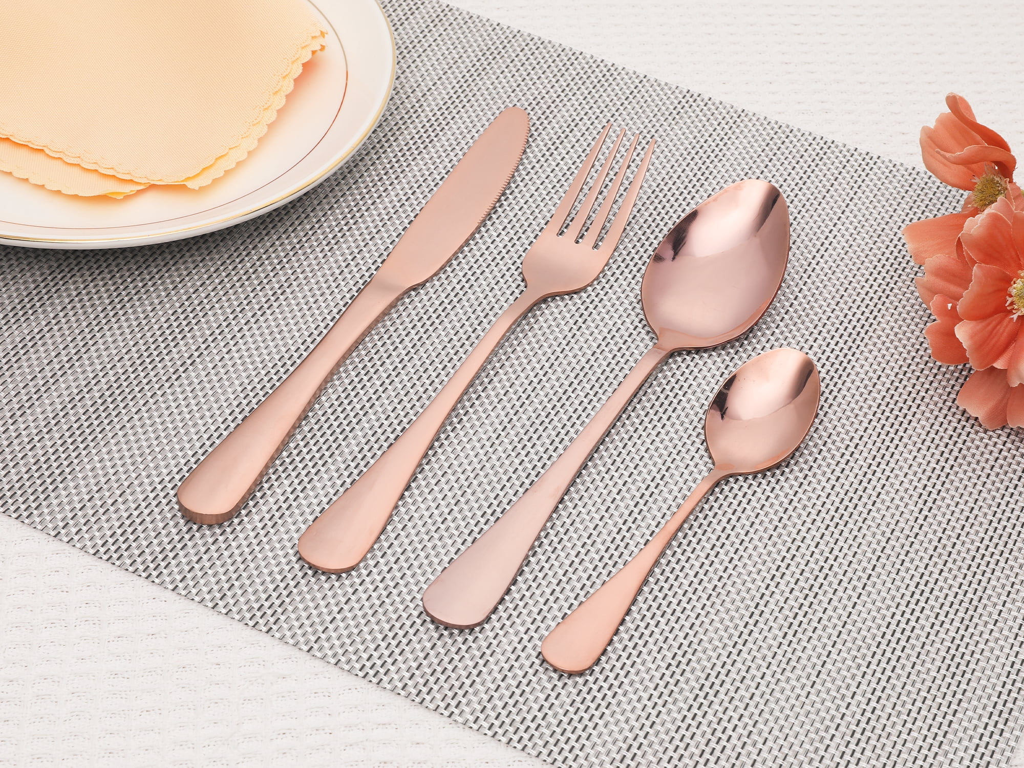 Unique Bargains 24 Pcs Stainless Steel Flatware Set with Supporting Shelf Rose Gold