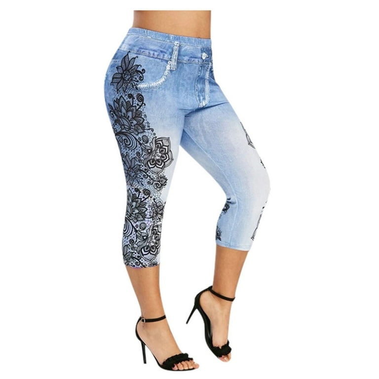 Denim Capri Leggings Floral Print High Waisted Jeans Plus Size Womens  Casual Yoga Cropped Pants with Pockets (XX-Large, Blue)
