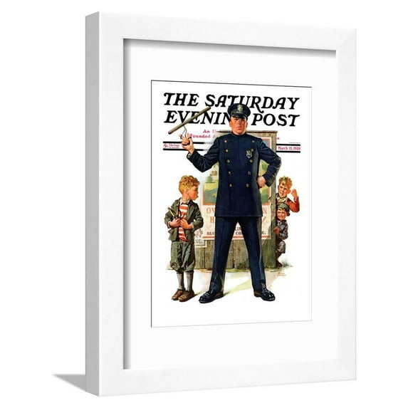Policeman and Boy with Slingshot, Saturday Evening Post Cover, March 15, 1930 Framed Print Wall Art by Frederic Stanley Sold by Art.Com
