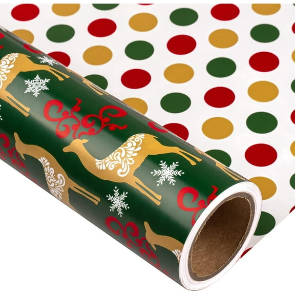 Christmas Reversible Wrapping Paper - Mini Roll - 17 Inch X 32.8 Feet - Gold Elk & Polka dots Pattern (47.3 sq.ft.ttl)