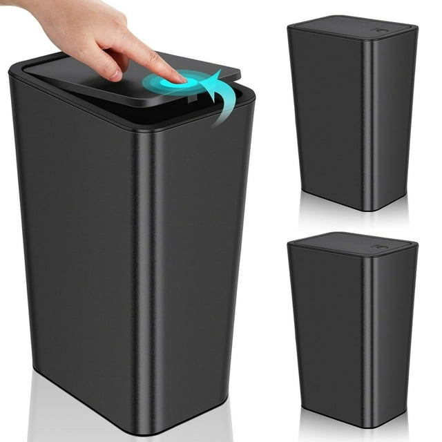 Set de 3 Bote de Basura para Baño con Tapa Desplegable, Contenedor de Basura pequeño de 10 Litros, Cesto de Basura Delgado y Compacto para Dormitorio, Oficina, Cocina (Negro)