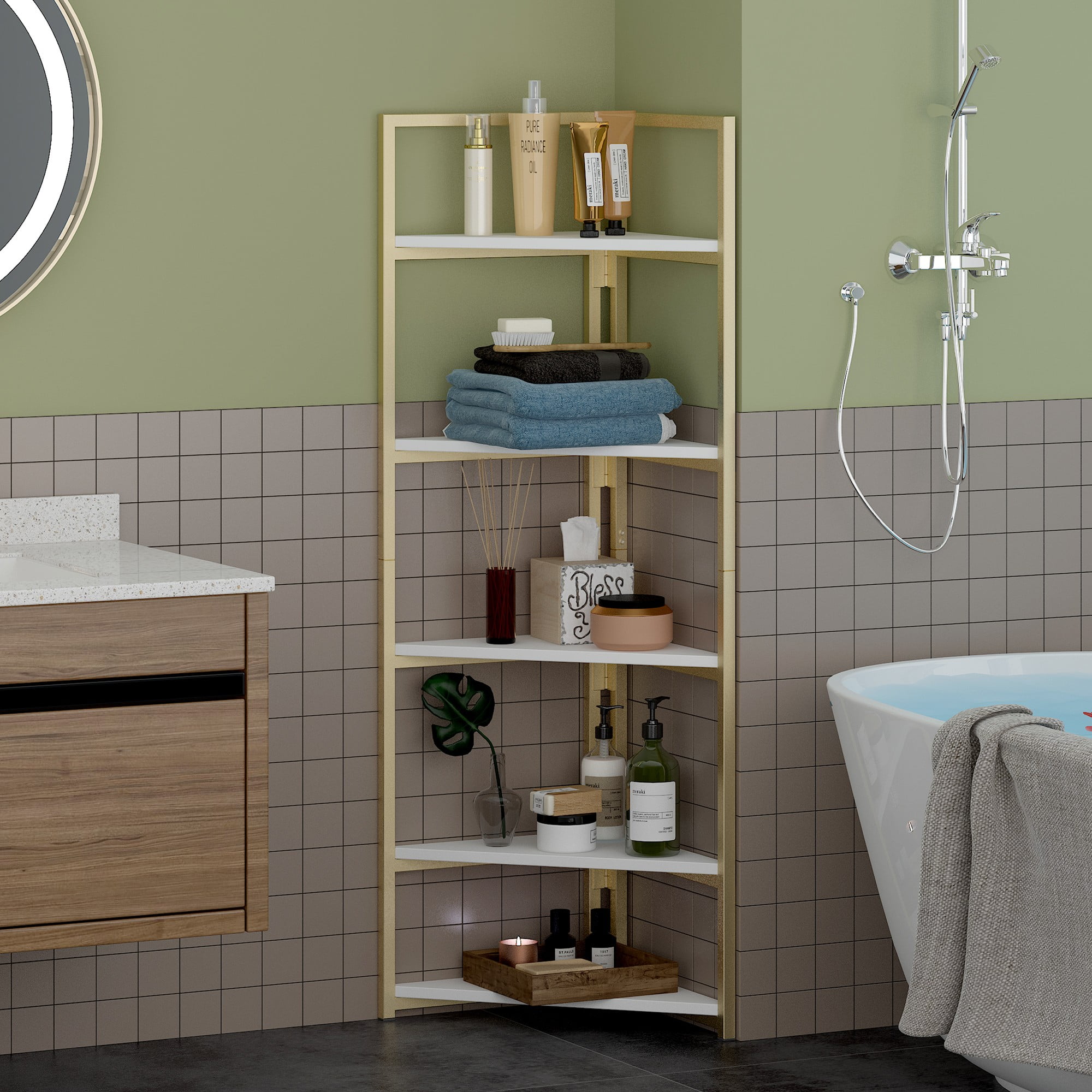 Finihen Corner Shelf Stand, 4-Tier Wall Corner Bookshelf with Metal Frame, Plant Corner Display Shelf, Bookcase for Small Spaces, Bedroom, Living Room, White Finihen Corner Shelf Stand, 4-Tier Wall Corner Bookshelf with Metal Frame, Plant Corner Display Shelf, Bookcase for Small Spaces, Bedroom, Living Room, White