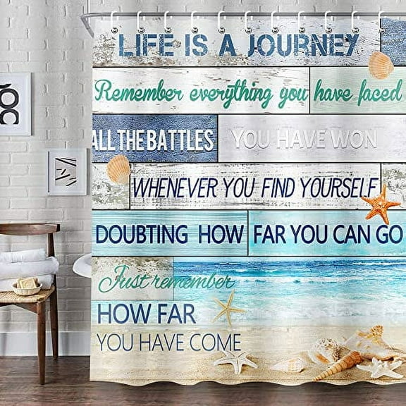 Beach Shower Curtain, Nautical Starfish Seashell Bathroom Curtain, Rustic Vintage Wood Ocean Quote Words Fabric Shower Curtain Set, Coastal Theme Waterproof Bathroom Decor