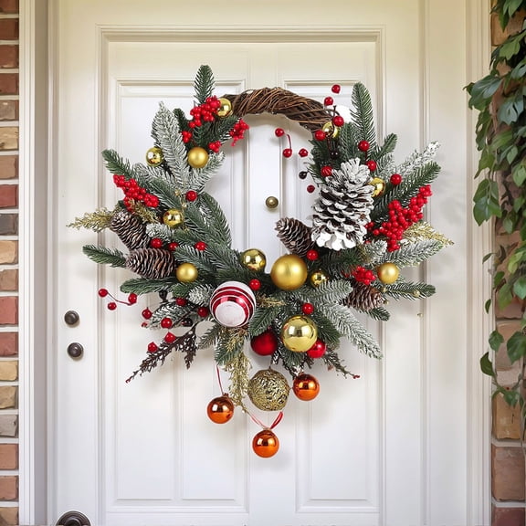 18 Inch Christmas Wreath with Pinecones, Red Berries, Gold Ornaments & Frosted Greenery, Artificial Holiday Front Door Wreath with Natural Grapevine Base for Home, Wall, Fireplace & Winter Xmas Decor