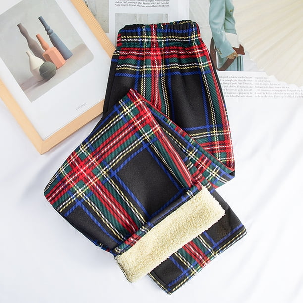 Pantalones a cuadros para mujer, de otoño e invierno, de cintura alta, estilo coreano, holgados, adelgazantes, de pierna ancha, con forro polar, gruesos, informales