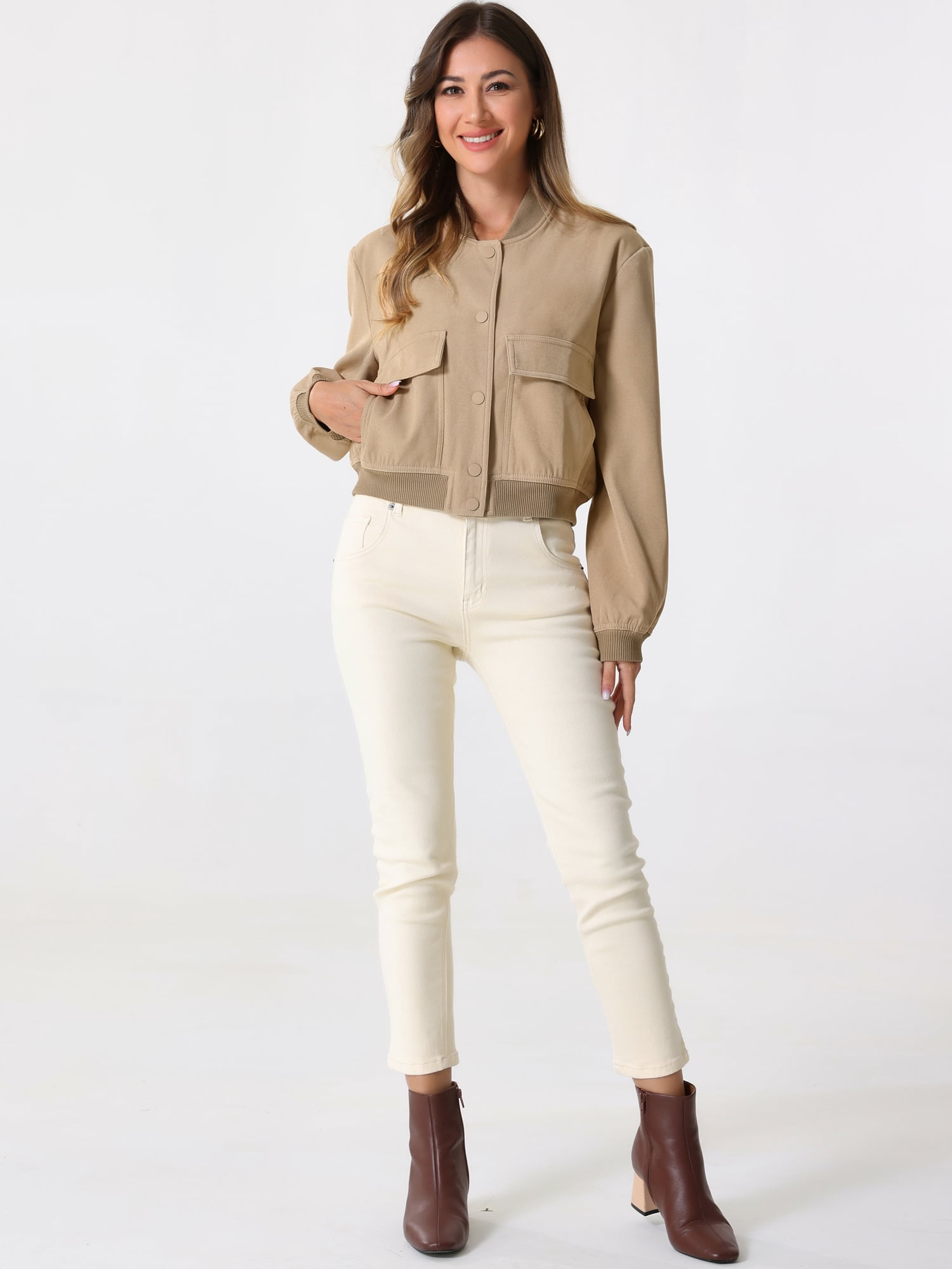 DARING DIVA Button Down Stand Collar Long Sleeve Coat S Khaki