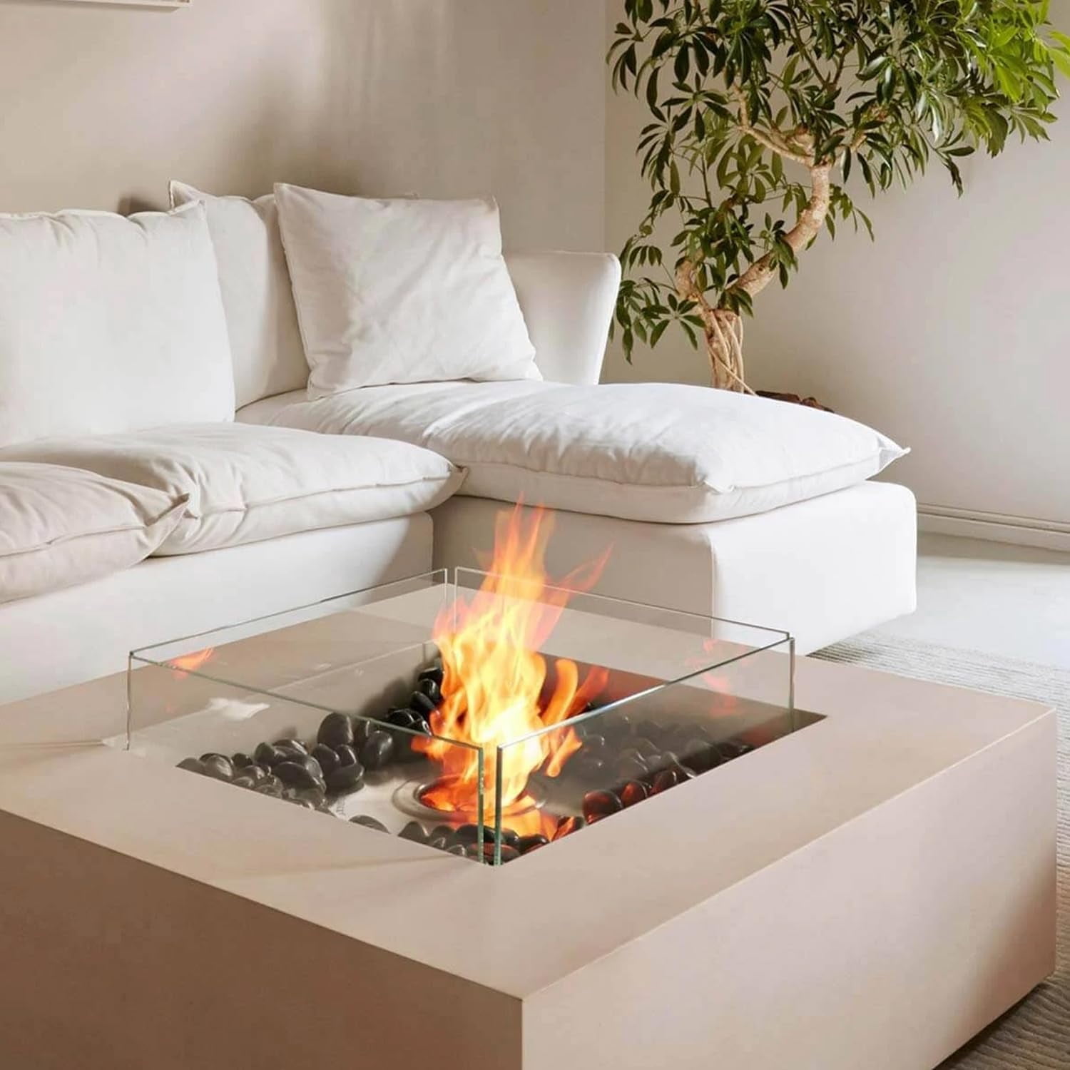 Ecosmart | Base 40 Fire Pit Table | Bone Color | Stainless Steel Gas Burner | Elegant Curved Design with Versatile Wide Lip | Complements Any Decor and Setting