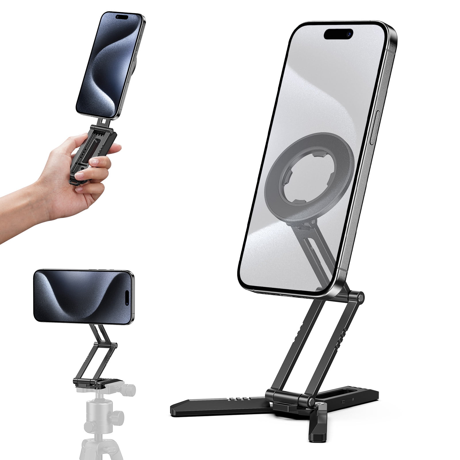 CAMOLO Magnetic Pocket Phone Tripod Foldable Compatible with Magsafe iPhone 16/15/14/13/12 Plus Pro Max Series, MG03 PRO Aluminium Smartphone Mini Tripod Cell Phone Stand Magnet Quick Mount