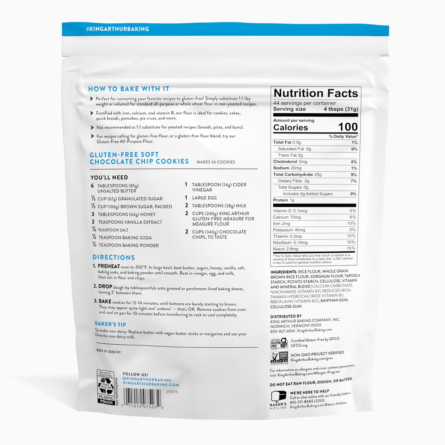 (2 pack) King Arthur Baking Company Certified Gluten-Free, 1:1 Flour Replacement Bread Flour, 2 lb Bag