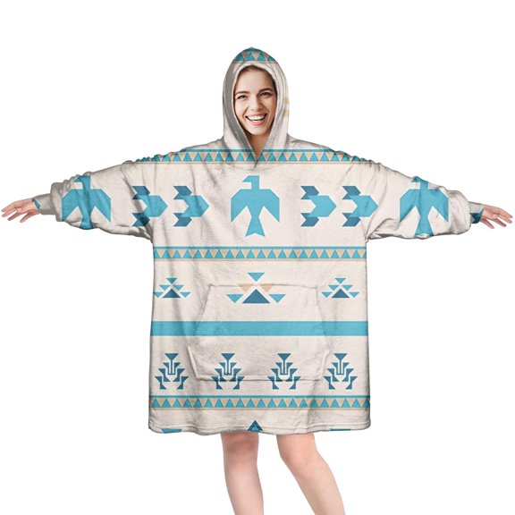 Wearable Oversized Blanket,Blue Ethnic Bird Pattern Wearable Blanket Hoodie for Adults,Cozy Hooded Blankets with Super Pockets,Super Warm Fuzzy Pullover for Women & Men