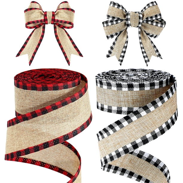 Cintas navideñas con borde con alambre, cintas a cuadros de búfalo, arpillera navideña, cinta artesanal de tela, rollos de cinta de envoltura natural con borde a cuadros para manualidades, envoltura